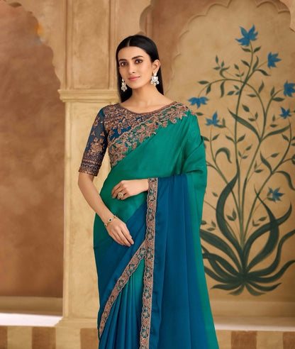 Teal Blue Cocktail Party Wear Readymade Saree