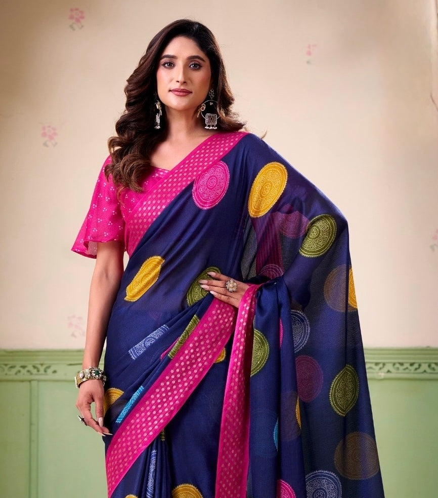 Dark BLue Polka Dot Readymade Crepe Silk Saree