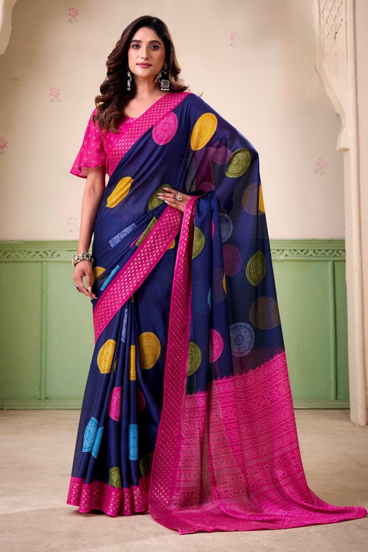Dark BLue Polka Dot Readymade Crepe Silk Saree