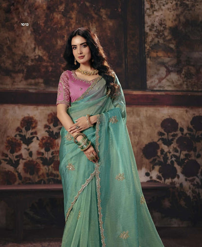 Mint Green Soft Silk Ready To Wear/Easy Saree by Styleby panaash