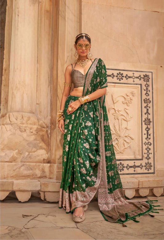 Bottle Green Georgette Readymade/Easy Saree - Panaash Saree