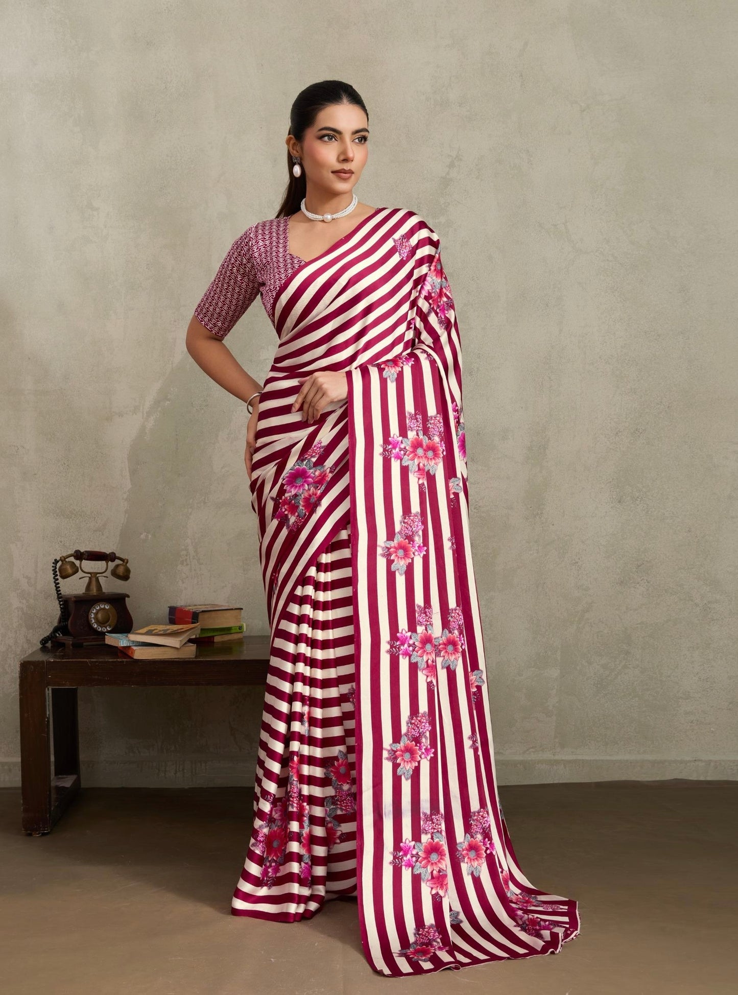 Magenta and white Stripe Crepe Silk Readymade/Easy Saree