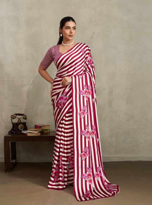 Magenta and white Stripe Crepe Silk Readymade/Easy Saree