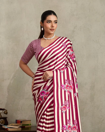 Magenta and white Stripe Crepe Silk Readymade/Easy Saree