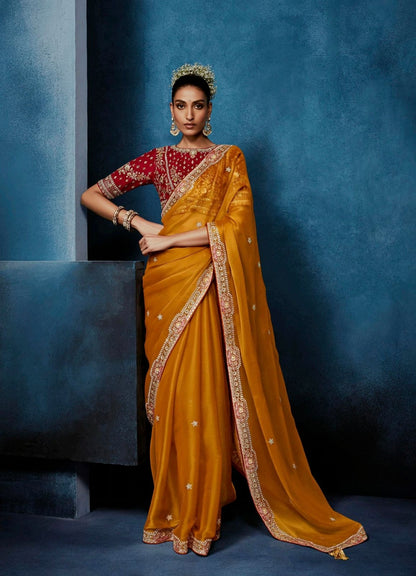 Golden Orange Tissue Silk Ready to wear/Easy Saree - Panaash Saree
