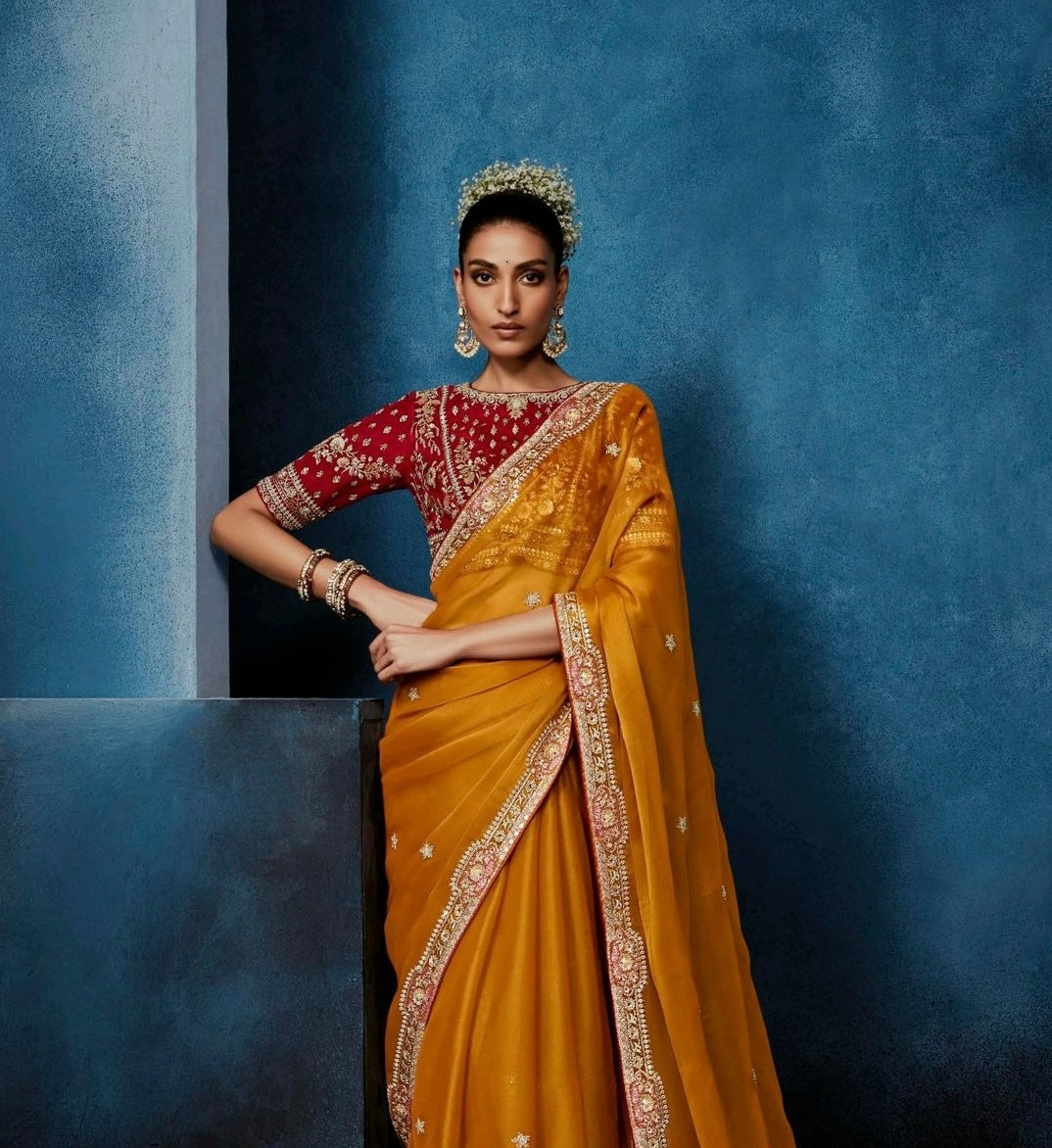 Golden Orange Tissue Silk Ready to wear/Easy Saree - Panaash Saree