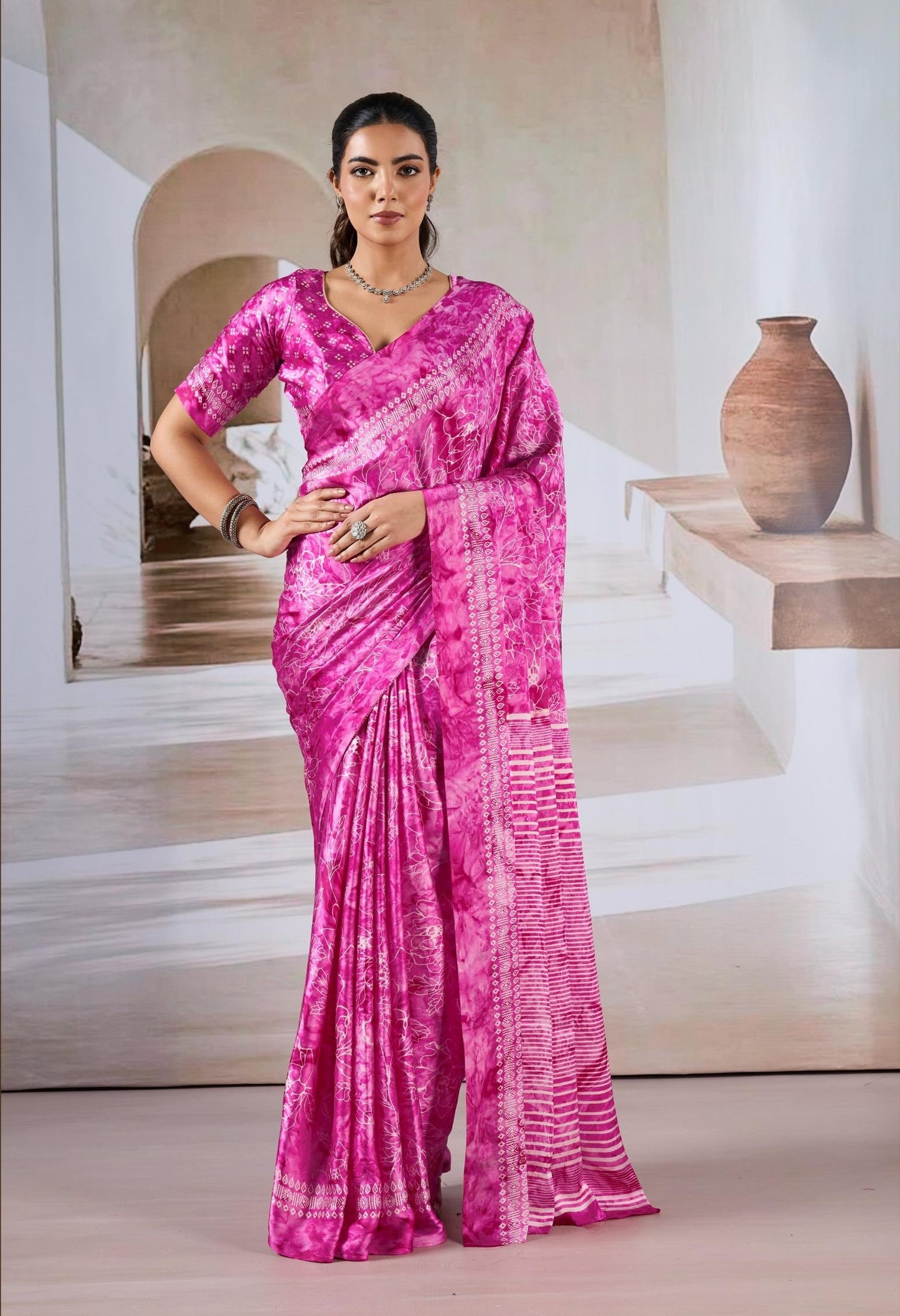 Pink Crepe Silk Readymade/Easy Saree