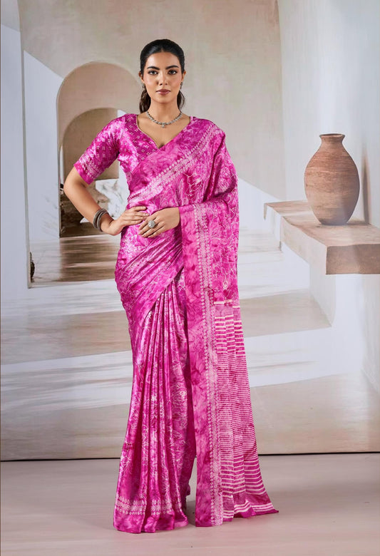 Pink Crepe Silk Readymade/Easy Saree