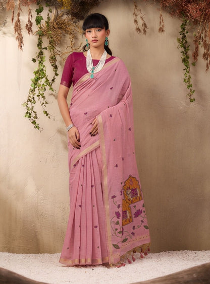 Pink Color Cotton Readymade/Easy Saree