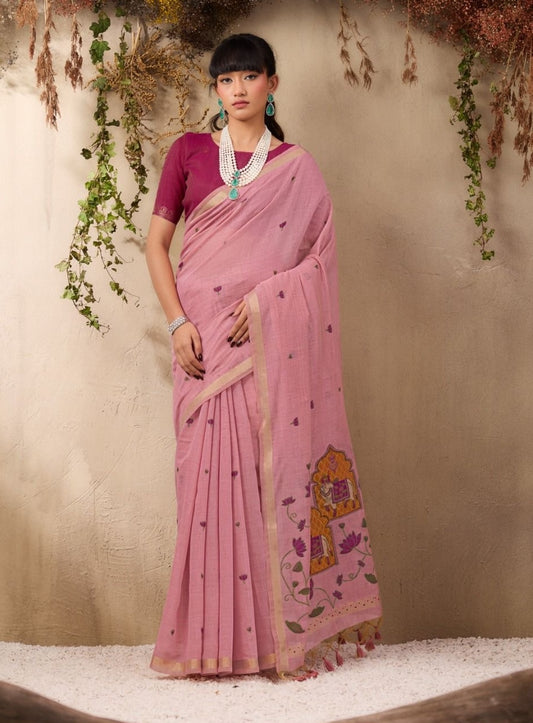 Pink Color Cotton Readymade/Easy Saree
