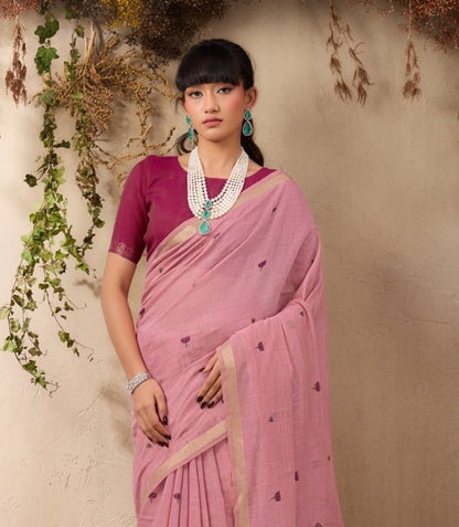 Pink Color Cotton Readymade/Easy Saree