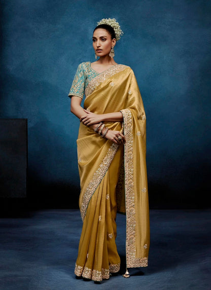 Golden Mustard Tissue Silk Ready to wear/Easy Saree - Panaash Saree