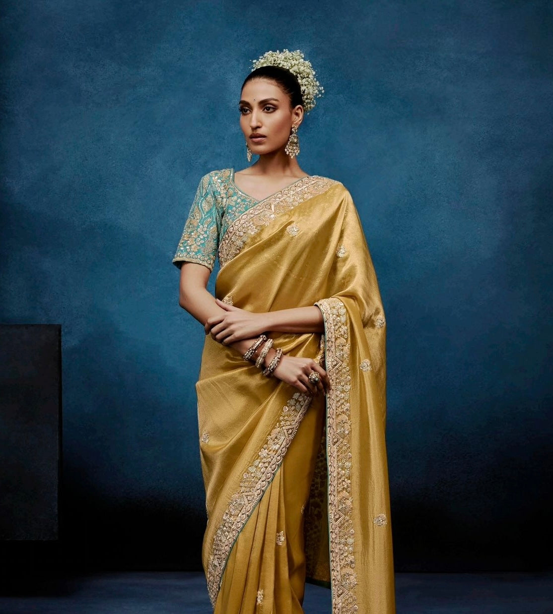 Golden Mustard Tissue Silk Ready to wear/Easy Saree - Panaash Saree