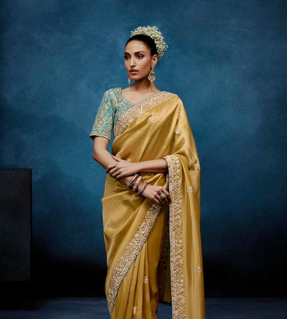 Golden Mustard Tissue Silk Ready to wear/Easy Saree - Panaash Saree