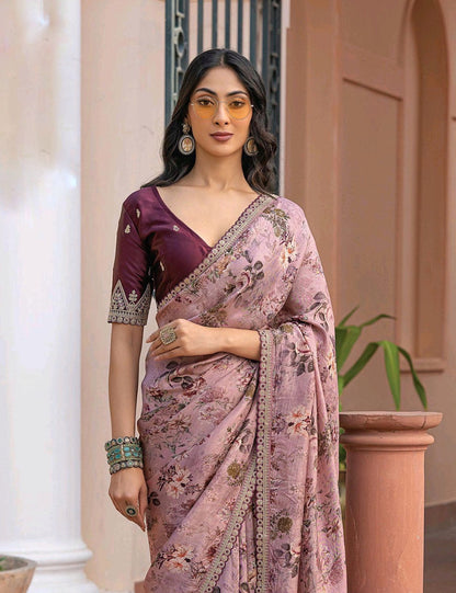 Mauve Color Printed Silk Readymade/Easy Saree