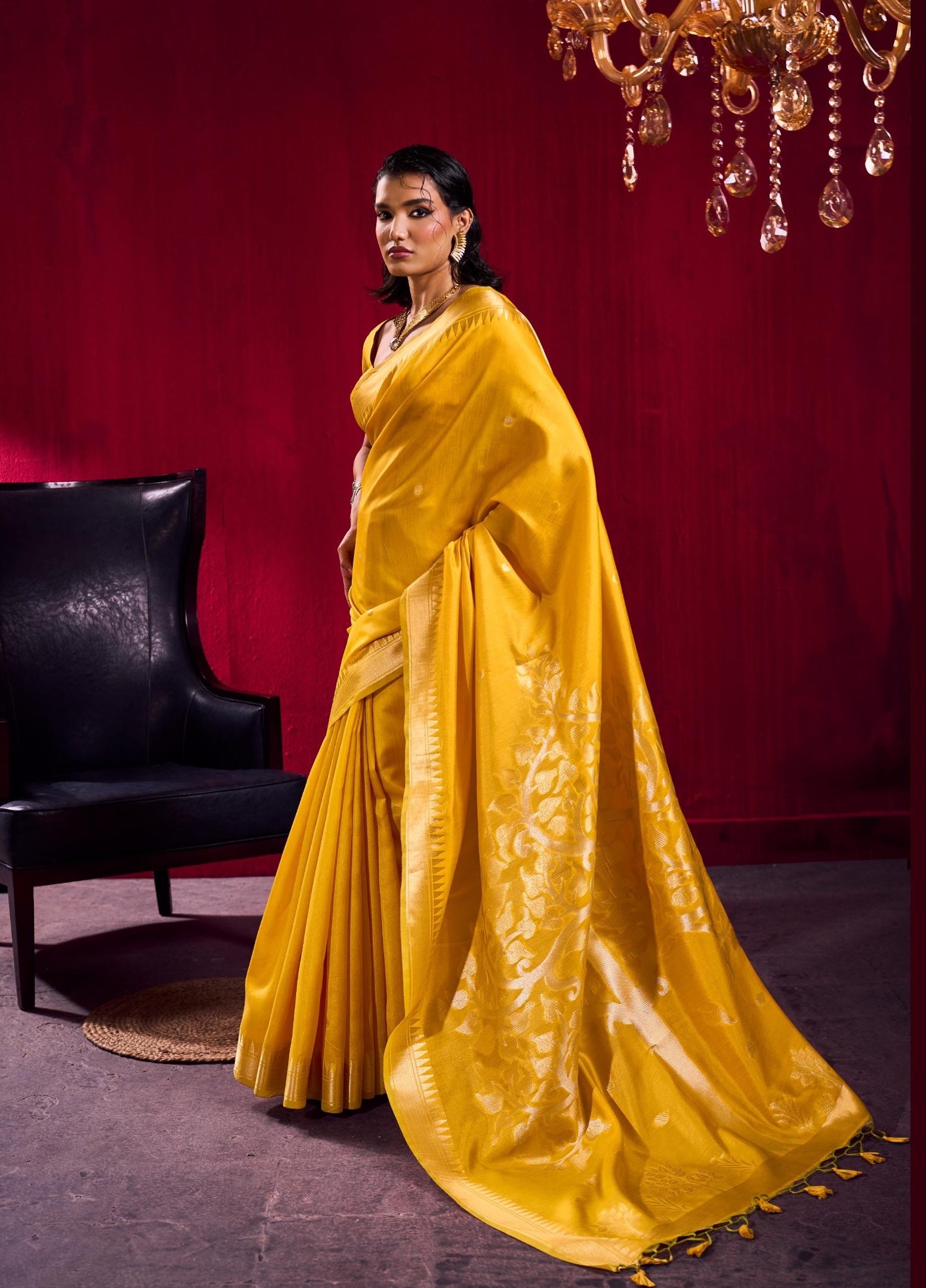 Mustard Yellow Kataan Silk Readymade/Easy Saree - Panaash Saree