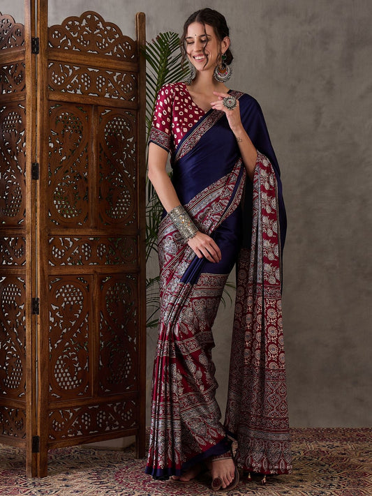Navy Blue and maroon Crepe Silk Readymade/Easy Saree