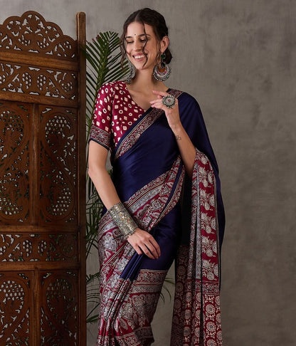 Navy Blue & Maroon Crepe Silk Readymade/Easy Saree