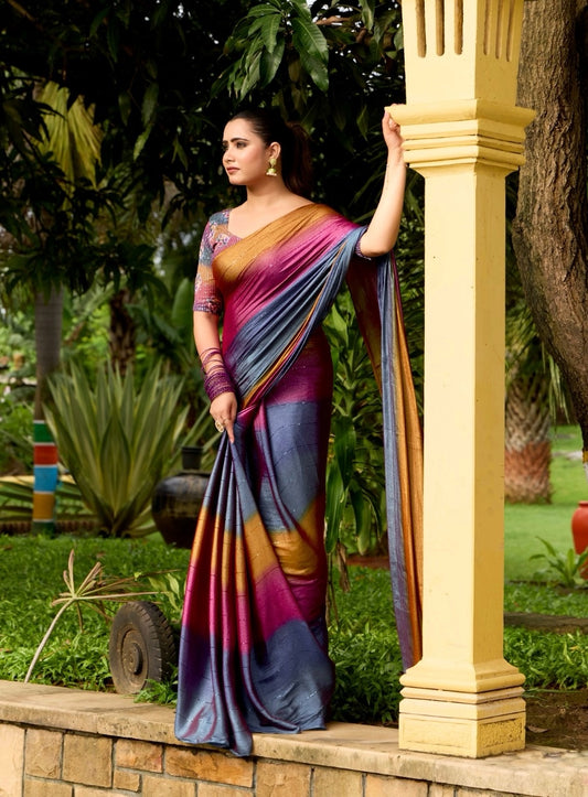 Peacock Blue Multicolor Georgette Readymade/Easy Saree