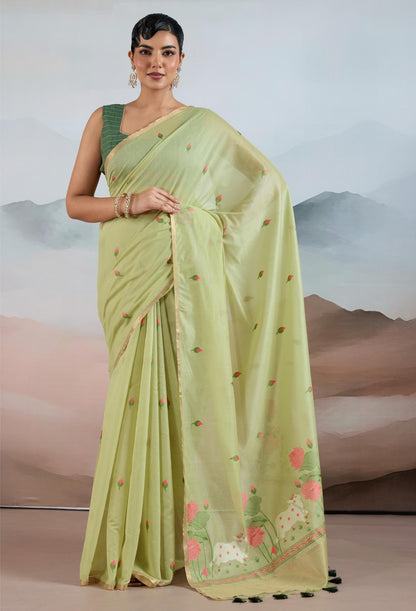 Light Green Spun Cotton Readymade/Easy Saree