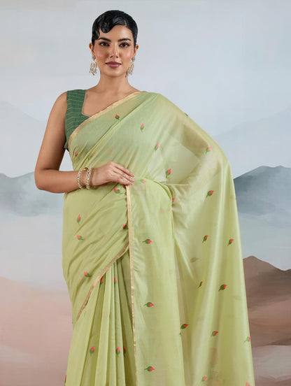 Light Green Spun Cotton Readymade/Easy Saree