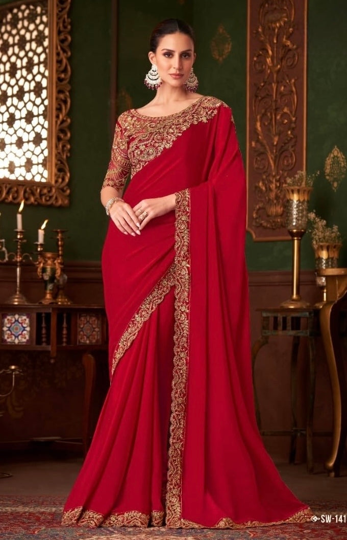 Red Cocktail Party Wear Readymade Saree
