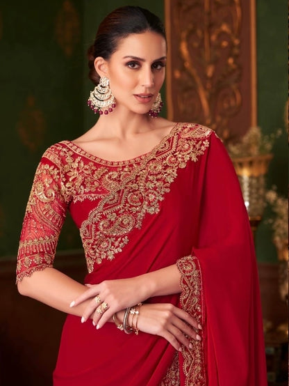 Red Cocktail Party Wear Readymade Saree
