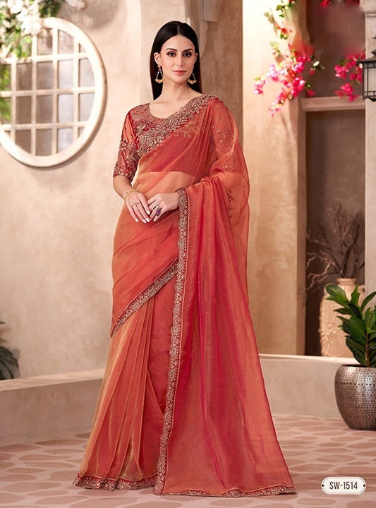 Rust Cocktail Party Wear Readymade Saree