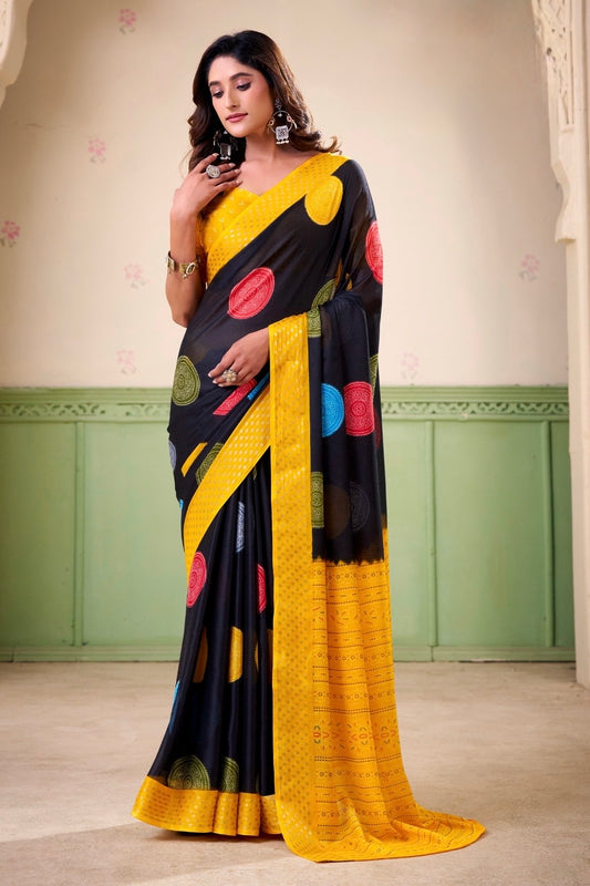 Black Polka Dot Readymade Crepe Silk Saree