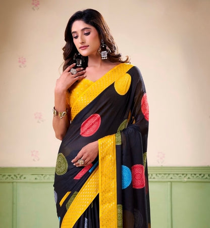 Black Polka Dot Readymade Crepe Silk Saree