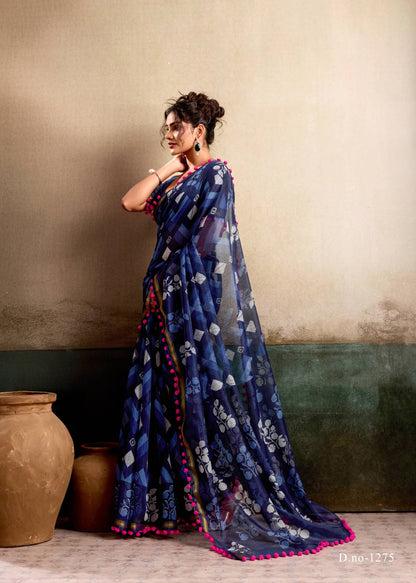 Navy Blue Mul Cotton Ready To Wear/Easy Saree