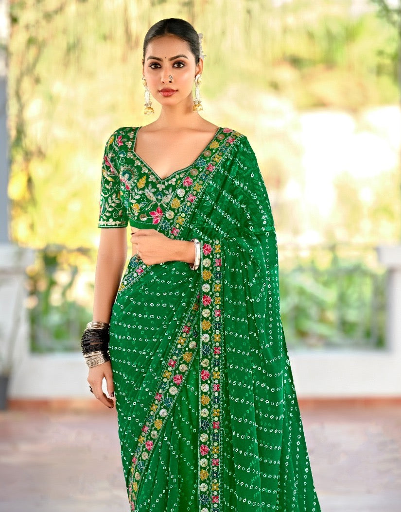 Green Georgette Readymade/Easy Saree