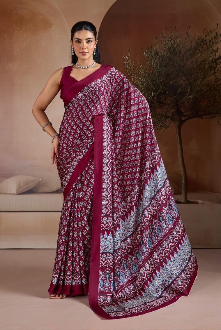 Maroon Crepe Silk Readymade/Easy Saree