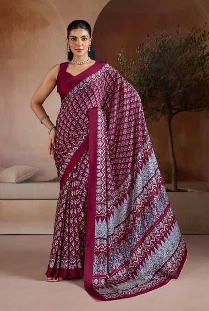 Maroon Crepe Silk Readymade/Easy Saree