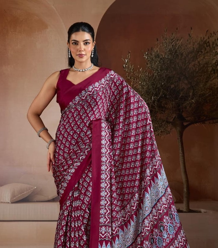 Maroon Crepe Silk Readymade/Easy Saree