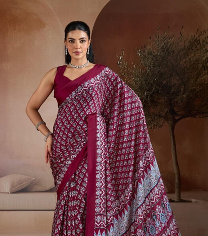 Maroon Crepe Silk Readymade/Easy Saree