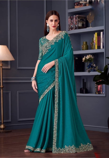 Teal Blue Cocktail Ready To Wear/Easy Saree by Stylebypanaash