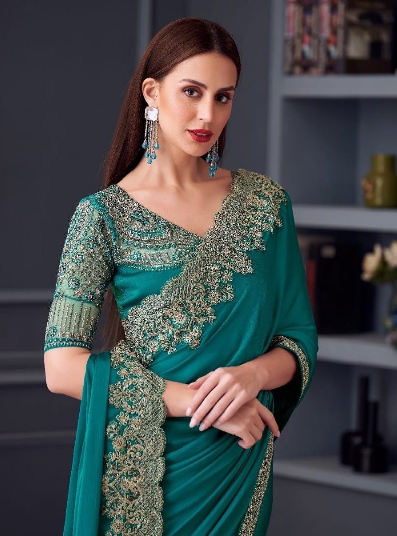 Teal Blue Cocktail Ready To Wear/Easy Saree by Stylebypanaash