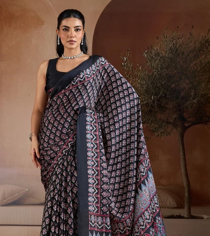 Black Crepe Silk Readymade/Easy Saree