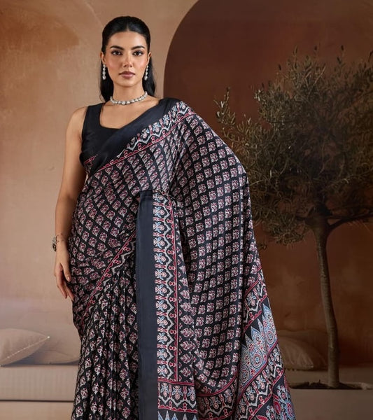 Black Crepe Silk Readymade/Easy Saree