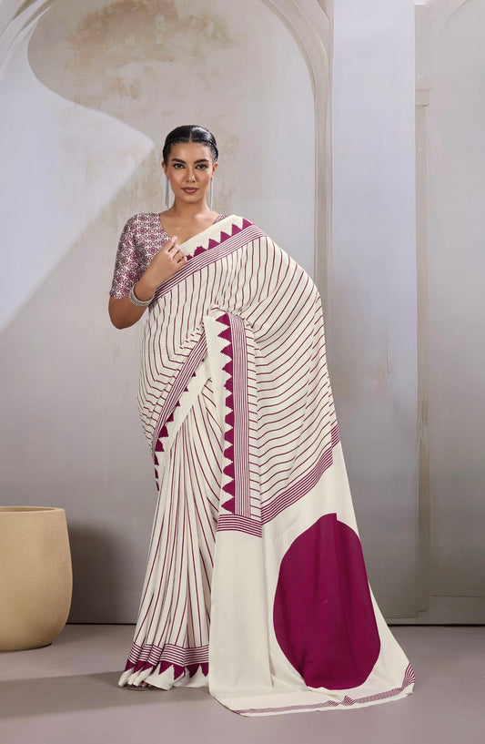 Off-White Crepe Silk Readymade Saree