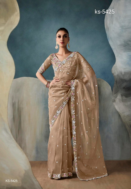 Beige Organza Readymade/Easy Saree With Fancy Blouse Piece