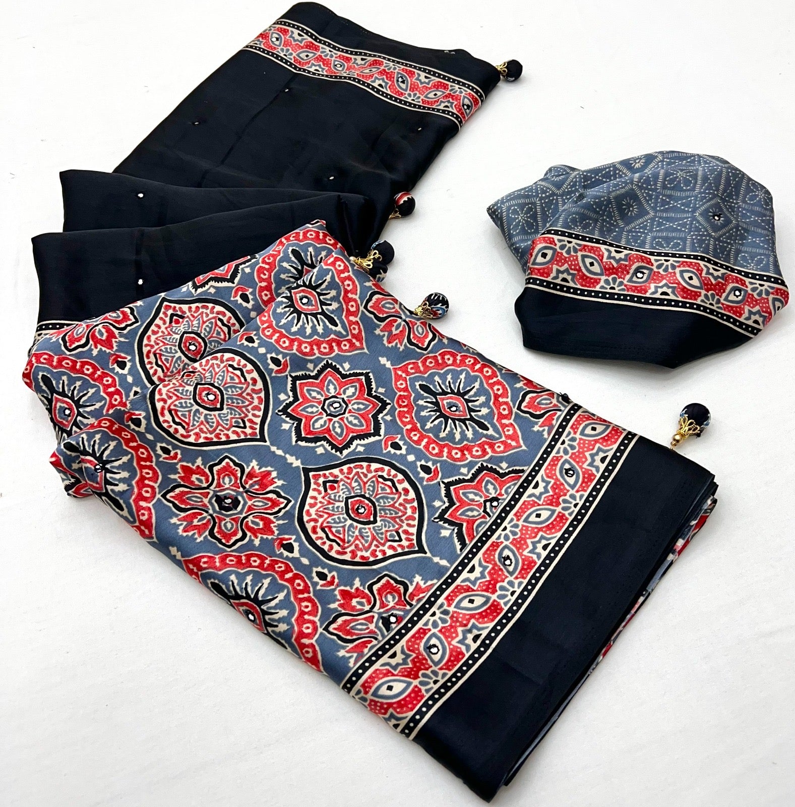 Black & Slate Grey Crepe Silk Ready To Wear/Easy Saree - Panaash Saree