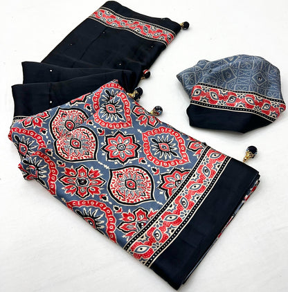 Black & Slate Grey Crepe Silk Ready To Wear/Easy Saree - Panaash Saree