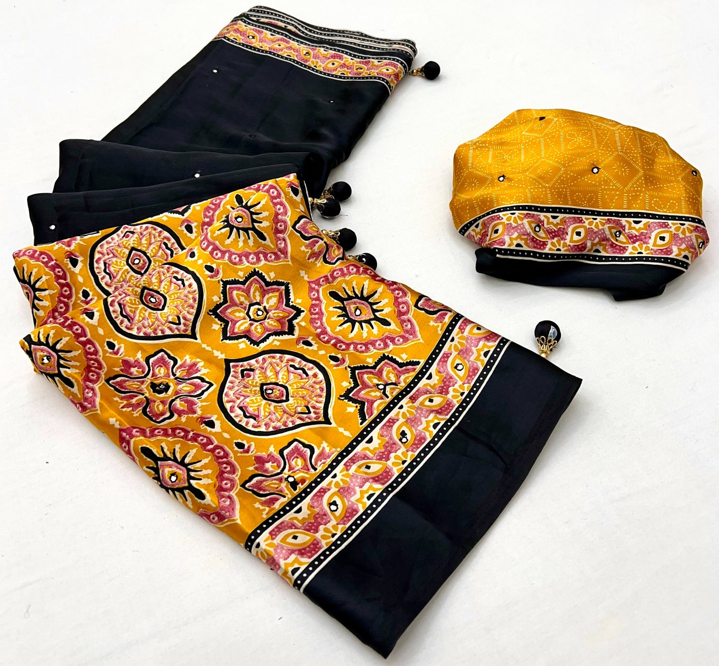 Black & Yelllow Crepe Silk Ready To Wear/Easy Saree
