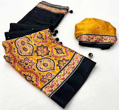 Black & Yelllow Crepe Silk Ready To Wear/Easy Saree