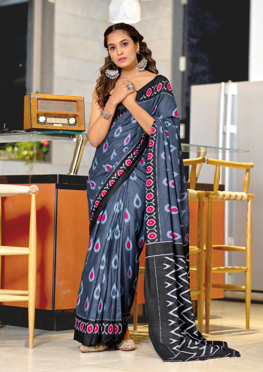 Grey Mul Cotton Easy/Readymade Saree