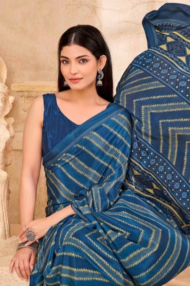 Dark Teal Blue Crepe Silk Ready To Wear/Easy Saree by Stylebypanaash 