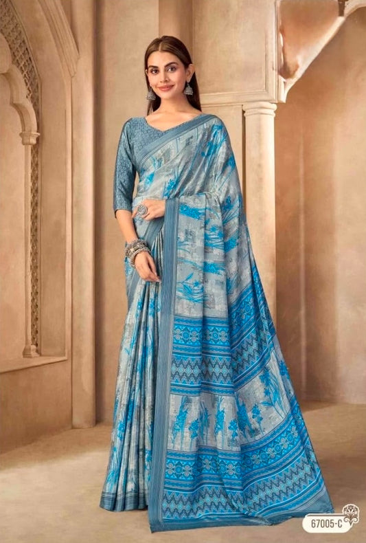 Dusty blue crepe silk saree with printed border and drape, 3/4 sleeve blouse