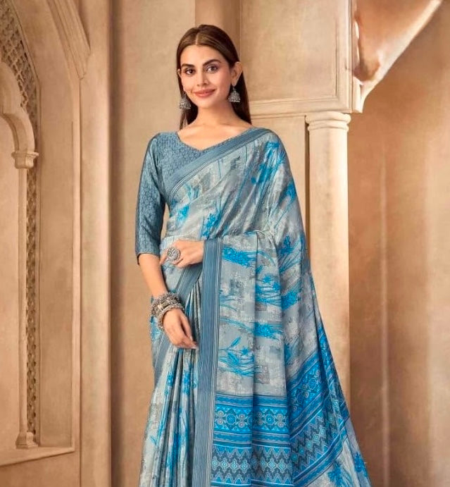 Dusty Blue Crepe Silk Ready To Wear/Easy Saree by Stylebypanaash 